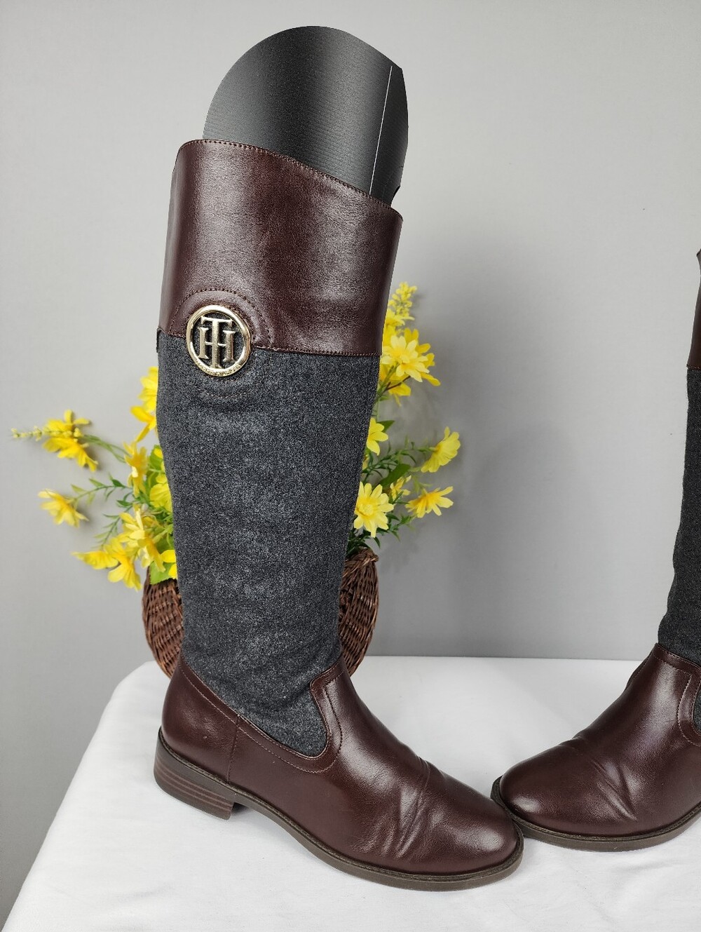 Tommy Hilfiger Madelen Tall Boots - Brown Leather & Grey Wool Sz 8 - Picture 7 of 11